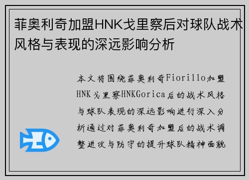菲奥利奇加盟HNK戈里察后对球队战术风格与表现的深远影响分析
