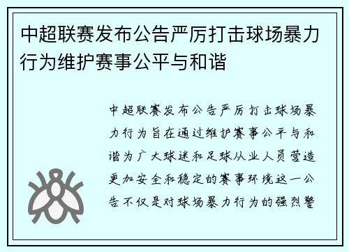 中超联赛发布公告严厉打击球场暴力行为维护赛事公平与和谐