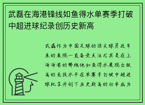 武磊在海港锋线如鱼得水单赛季打破中超进球纪录创历史新高